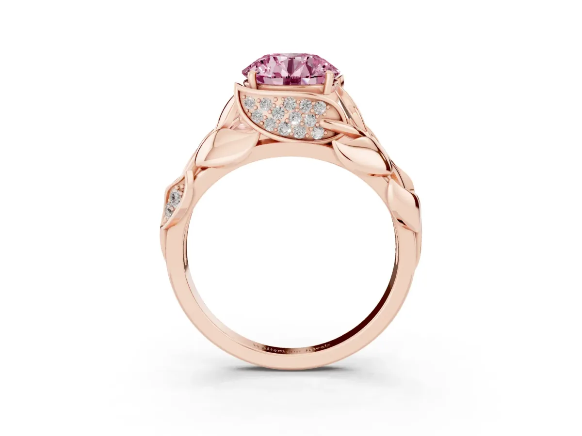 Fancy Pink Round Cut Diamond Leaf-Inspired Engagement Ring with Round Accents and Prong Setting Rose gold