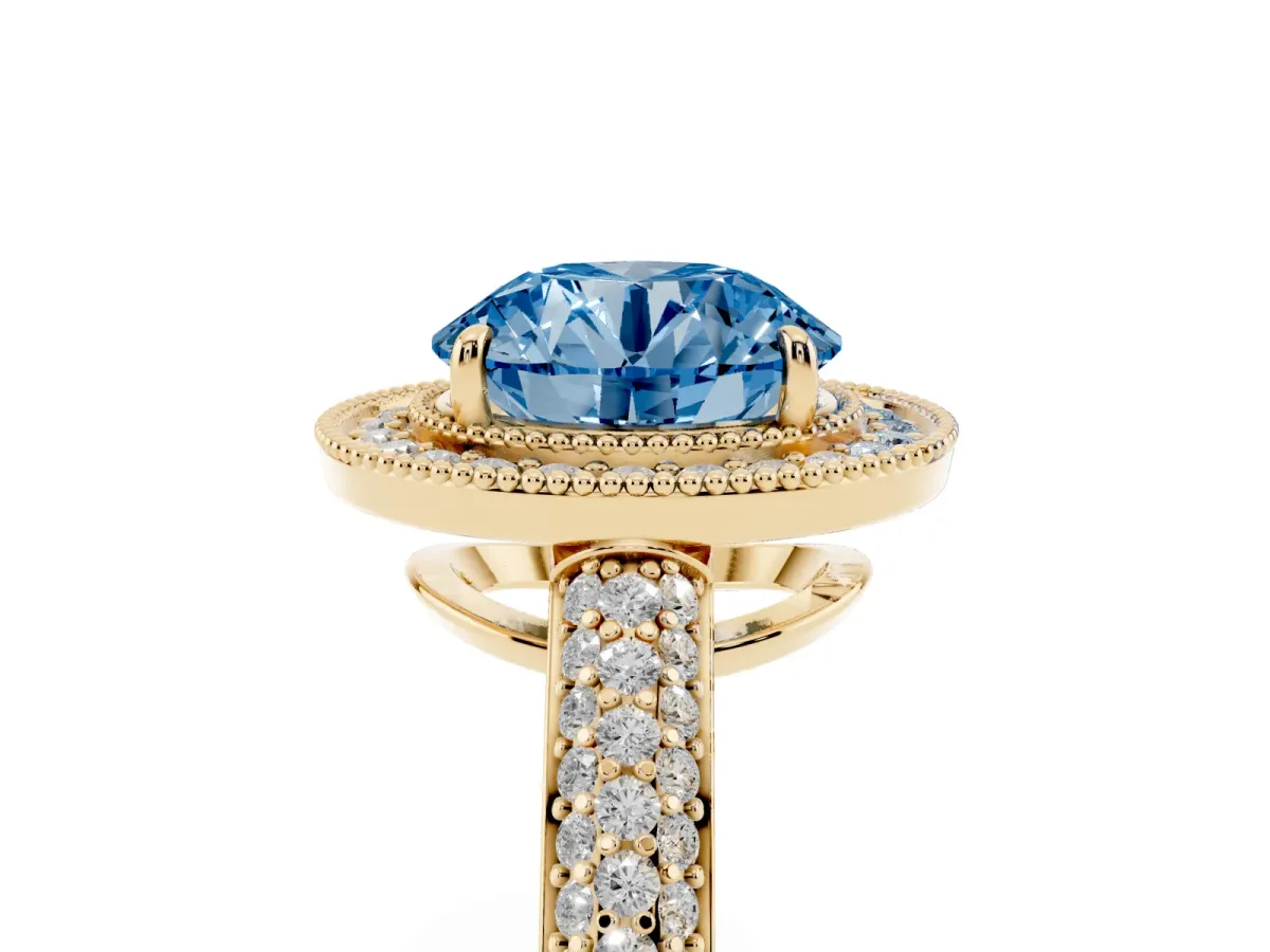 Fancy Blue Round Cut Cut Halo Diamond Pave Band with Four-Prong Setting Yellow gold