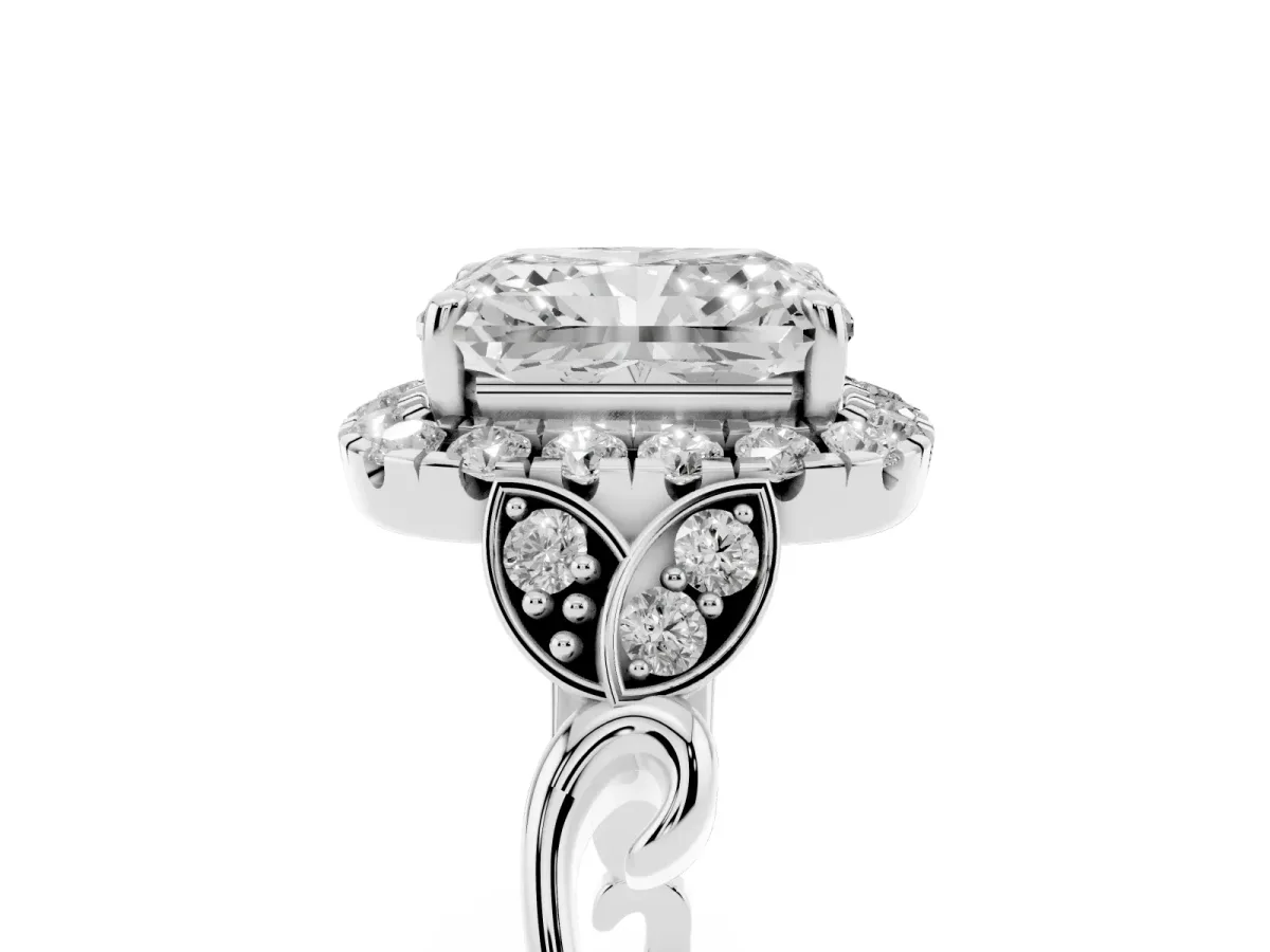 Radiant Cut Halo Diamond Engagement Ring with Vintage-Inspired Band and Four-Prong Setting White gold