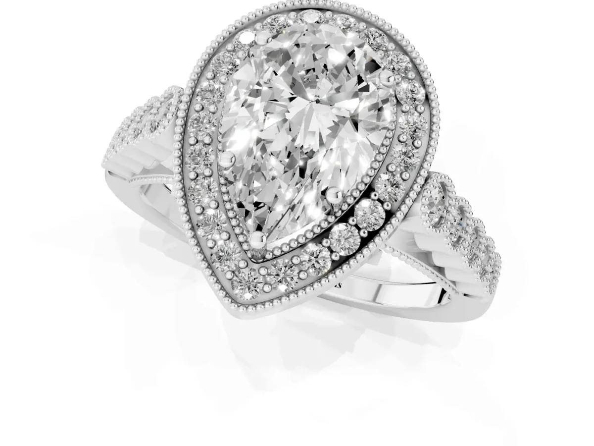 Pear Cut Halo Twist Band Solitaire Ring with Six-Prong Setting Silver