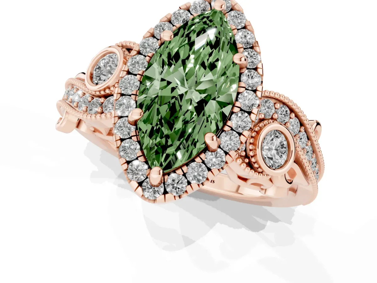 Fancy Green Marquise Cut Halo Diamond Ring with Milgrain and Bezel Accents on a Split Shank Band Rose gold