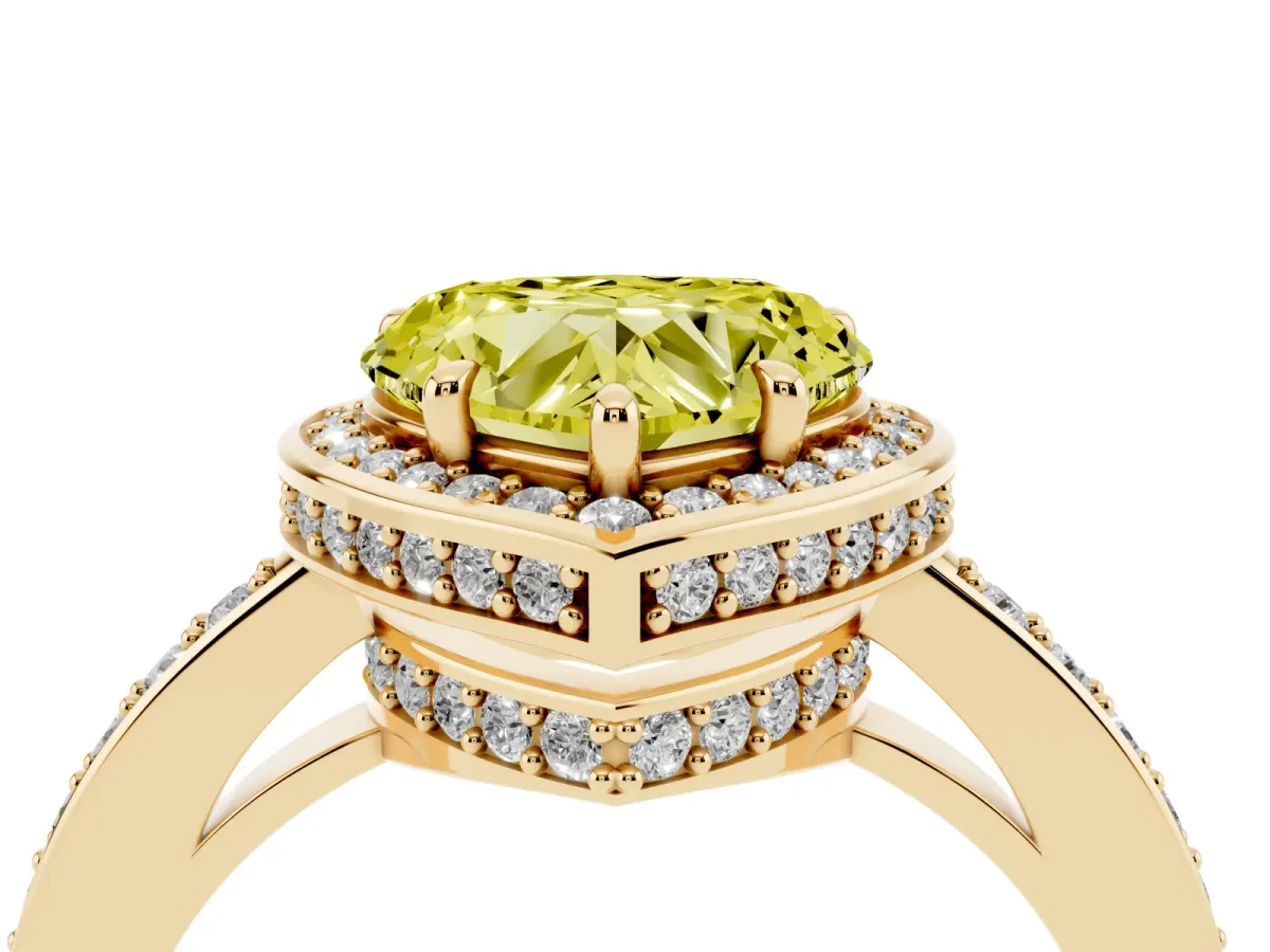 Fancy Yellow Heart Cut Halo Pave Band Solitaire Ring with Prong Setting Yellow gold