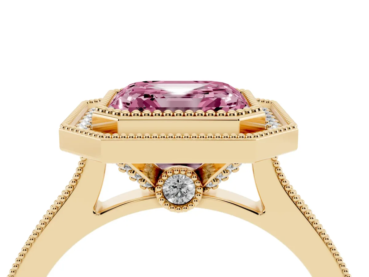Fancy Pink Halo Asscher Cut-Cut Diamond Pave Band Milgrain Prong Setting Ring Yellow gold