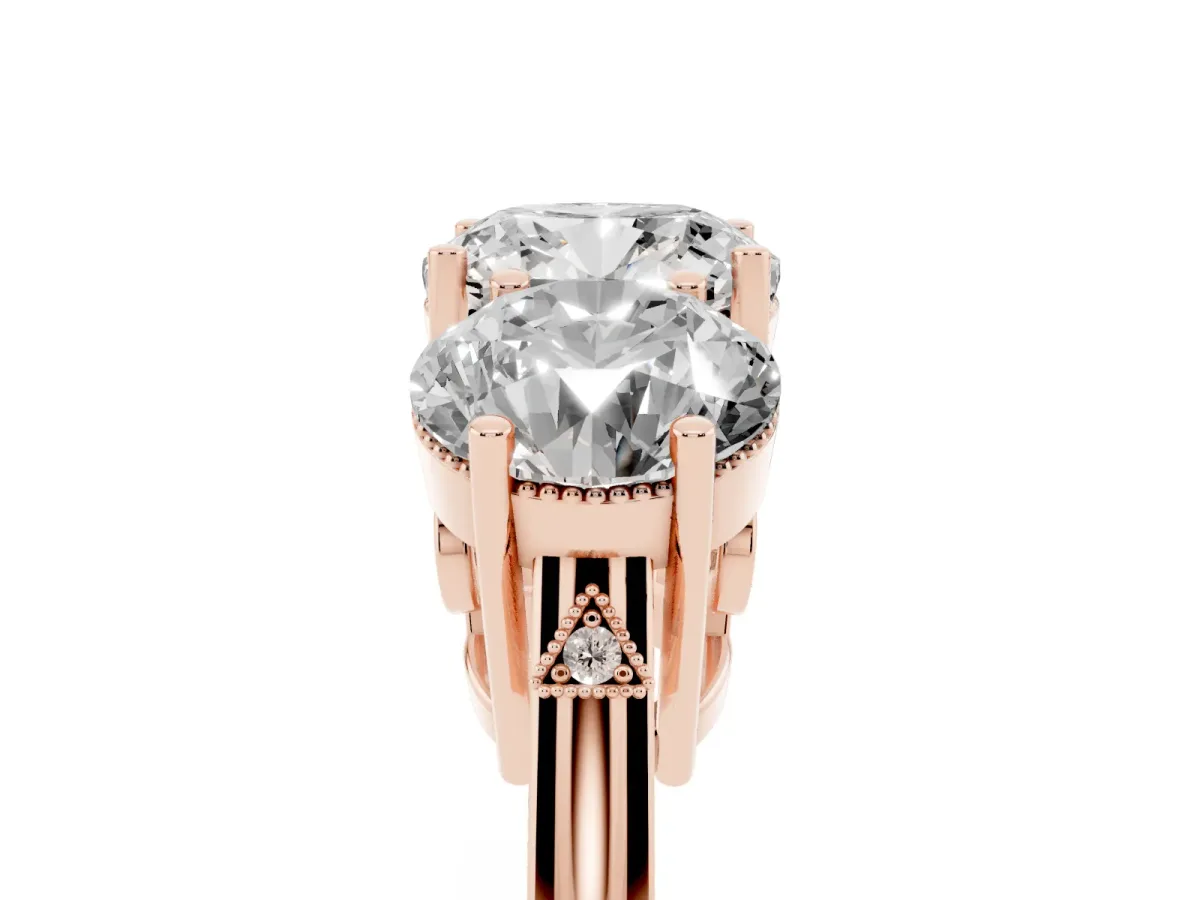 Three-Stone Cushion Cut Diamond Engagement Ring with Prong Setting on a Classic Band Rose gold