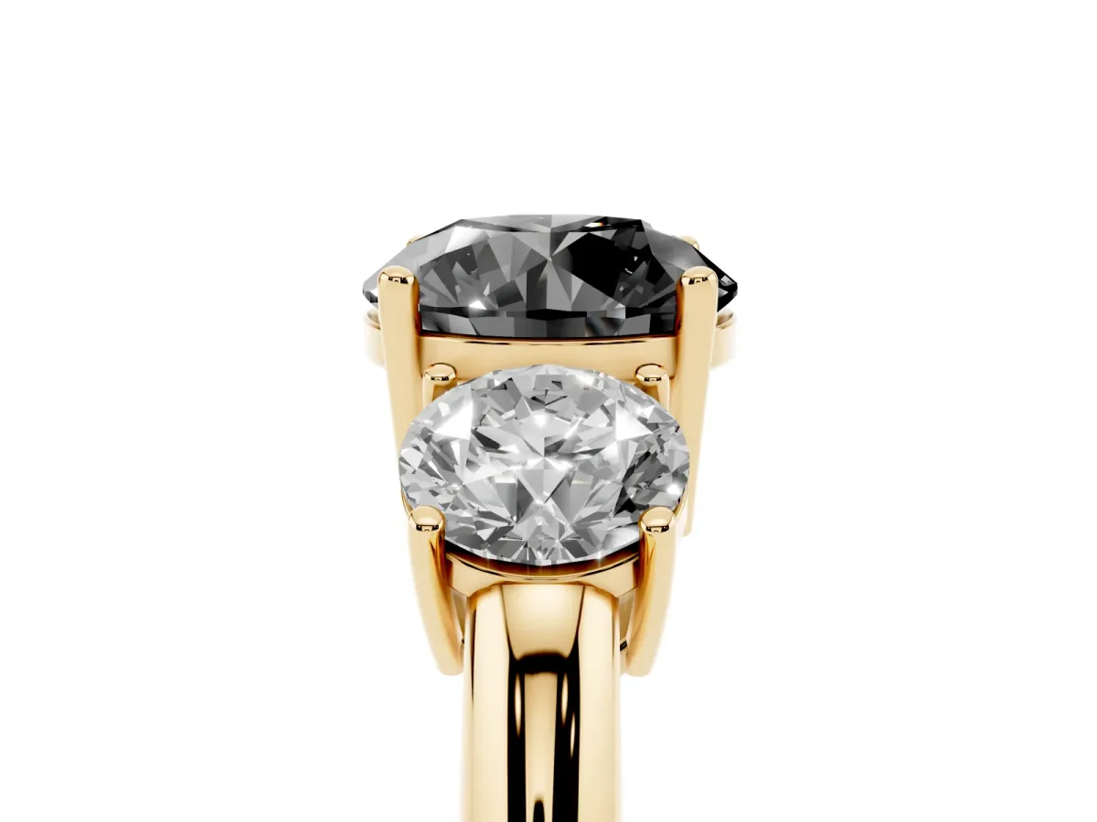 Fancy Black Three-Stone Round Cut Cut Diamond Engagement Ring with Prong Setting on a White Gold Band Yellow gold