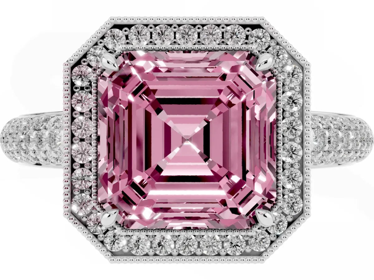 Fancy Pink Asscher Cut Cut Halo Diamond Pave Band with Four-Prong Setting Silver