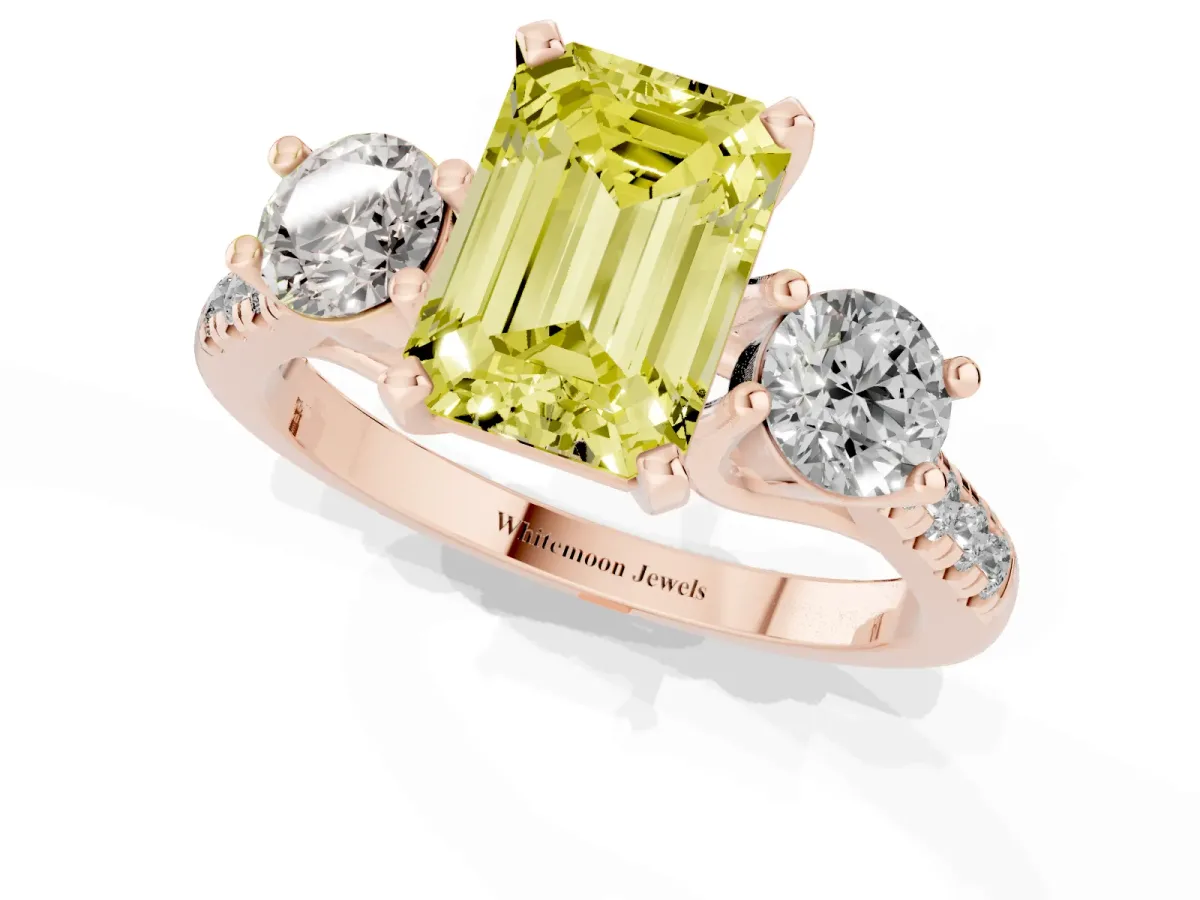 Fancy Yellow Three-Stone Emerald Cut Diamond Pavé Band with Four-Prong Setting Rose gold