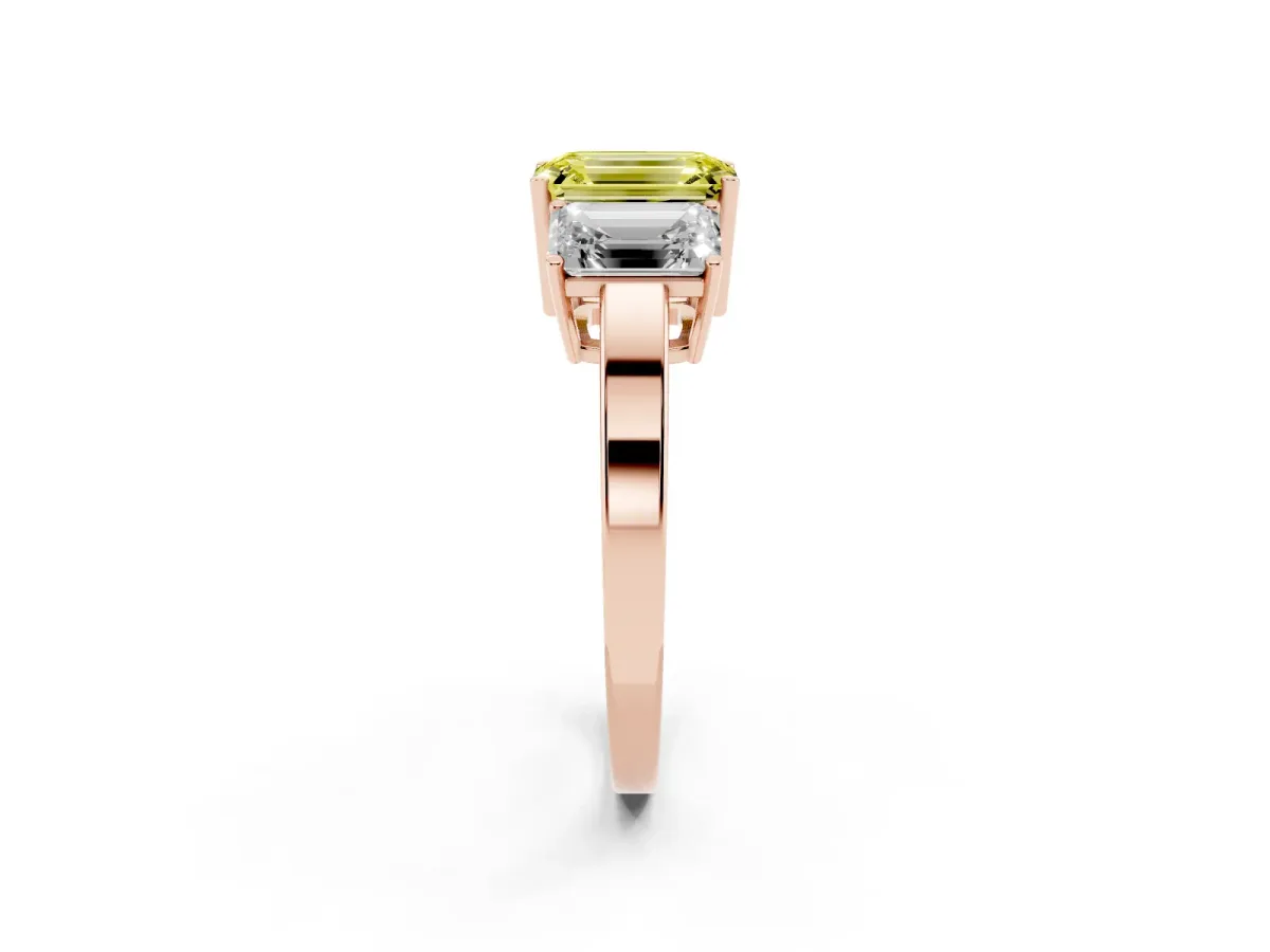 Fancy Yellow Three-Stone Emerald Cut Cut Diamond Engagement Ring with Flat Band and Four-Prong Setting Rose gold