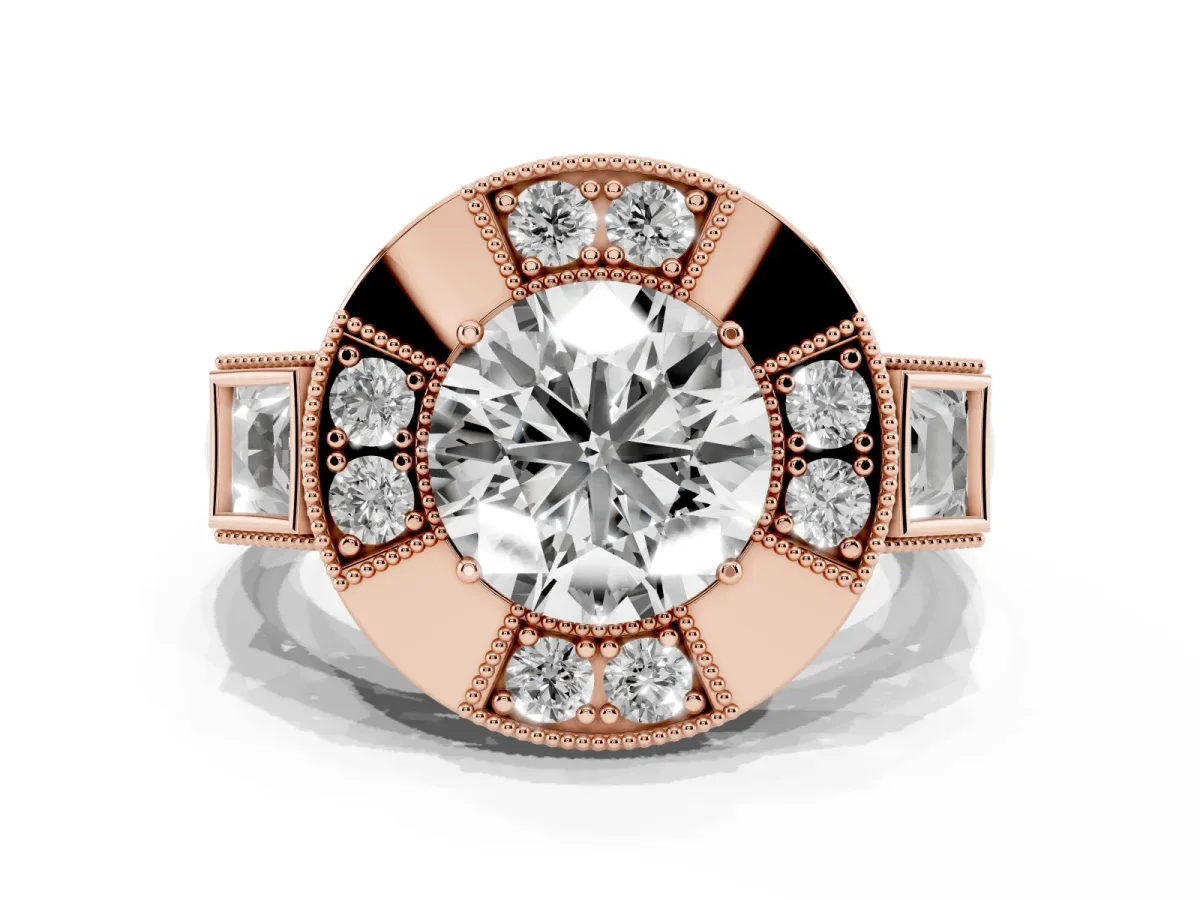 Milgrain Round Cut Diamond Halo Split Shank Ring Rose gold