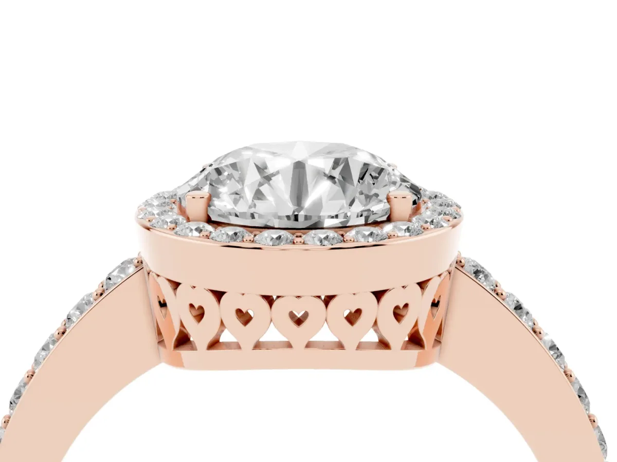 Round Cut Halo Diamond Pavé Band Ring with Prong Setting Rose gold