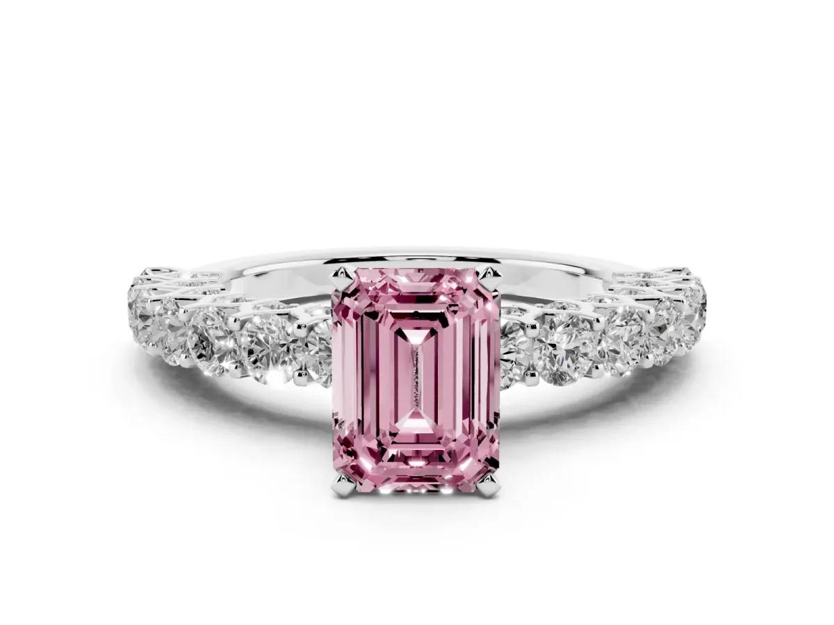 Fancy Pink Emerald Cut Diamond Solitaire Ring with Shared Prong Pavé Band and Four-Prong Setting Silver