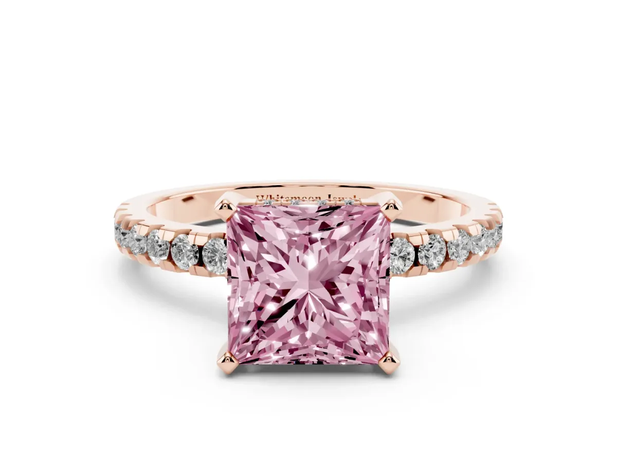Fancy Pink Princess Cut Diamond Solitaire Ring with Round Pavé Band and Four-Prong Setting Rose gold