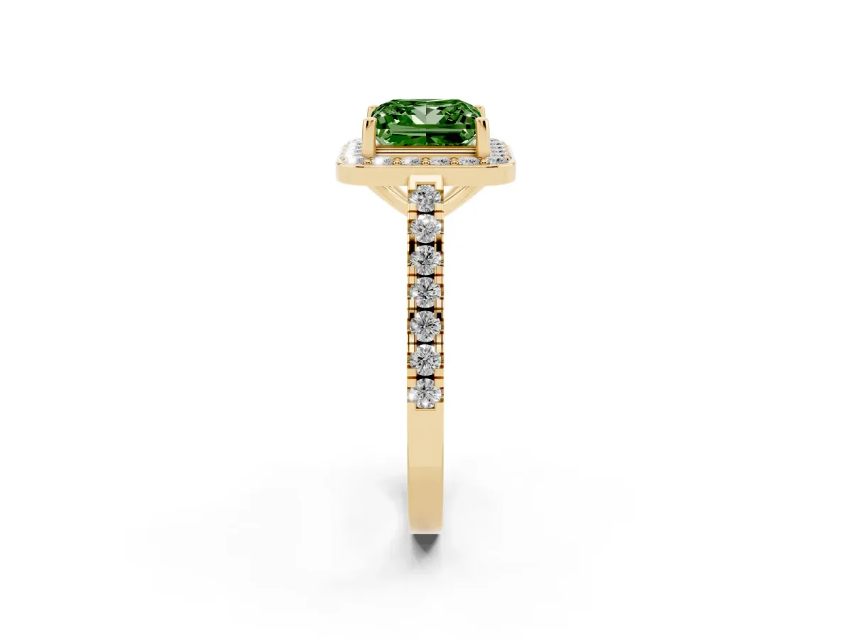 Fancy Green Princess Cut Diamond Halo Ring with Round Pavé Split Shank and Prong Setting Yellow gold