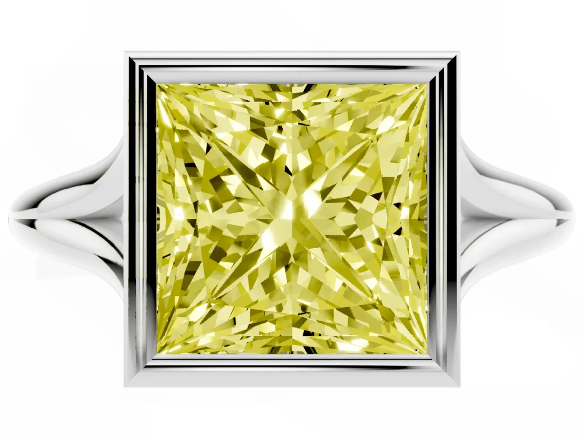 Fancy Yellow Bezel Set Princess Cut Cut Solitaire Ring with Tapered Band Silver