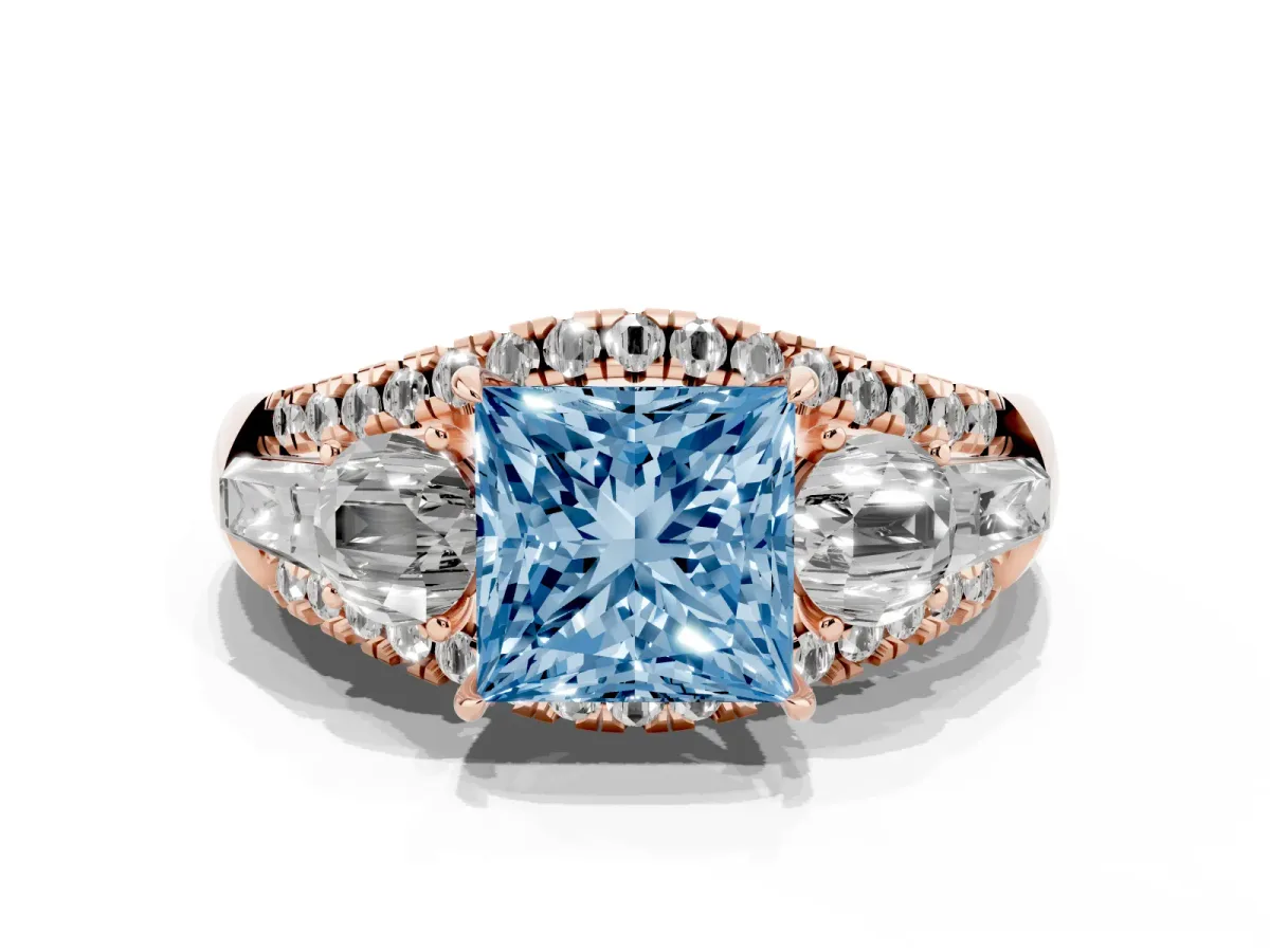 Fancy Blue Three-Stone Princess Cut Diamond Engagement Ring with Pave Band and Prong Setting Rose gold