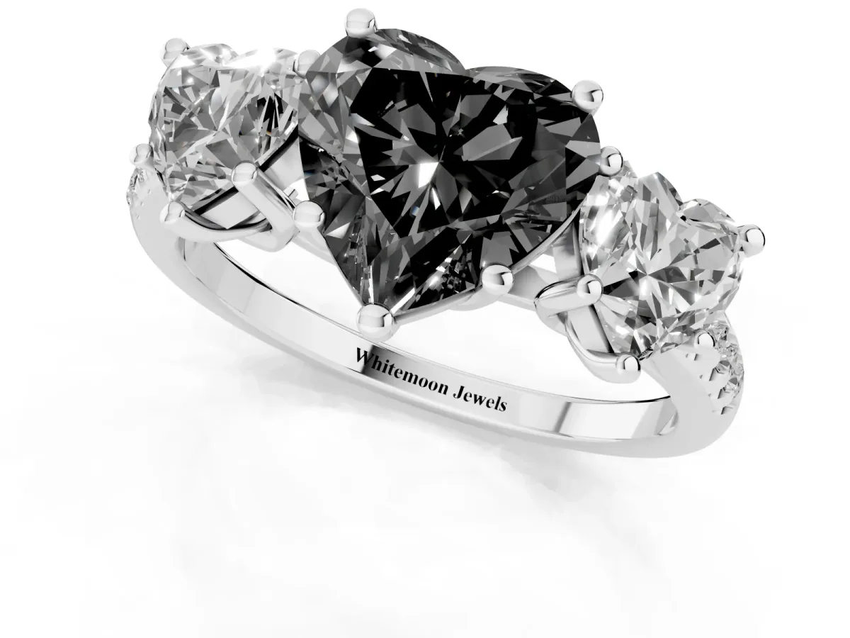 Fancy Black Three-Stone Heart Cut Diamond Ring with Round Pavé Band and Prong Setting Silver