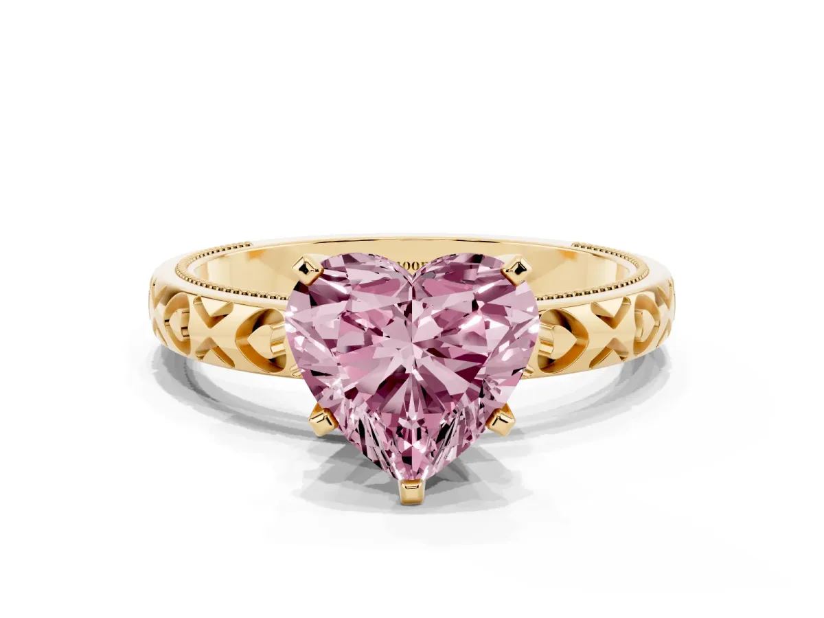 Fancy Pink Heart Cut Solitaire Diamond Engagement Ring with XO Engraved Band and Four-Prong Setting Yellow gold