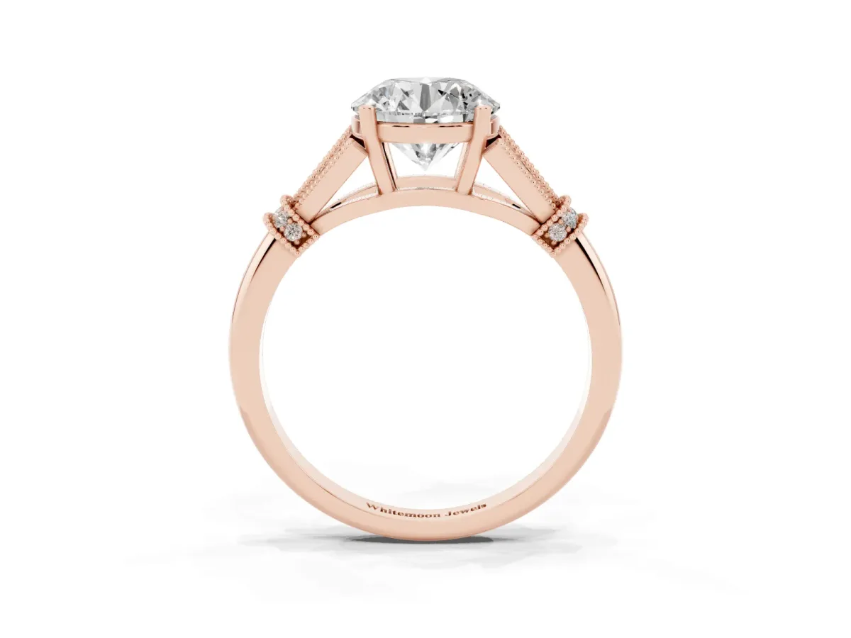 Round Cut Diamond Solitaire Ring with Floral Filigree and Pave Accents Rose gold