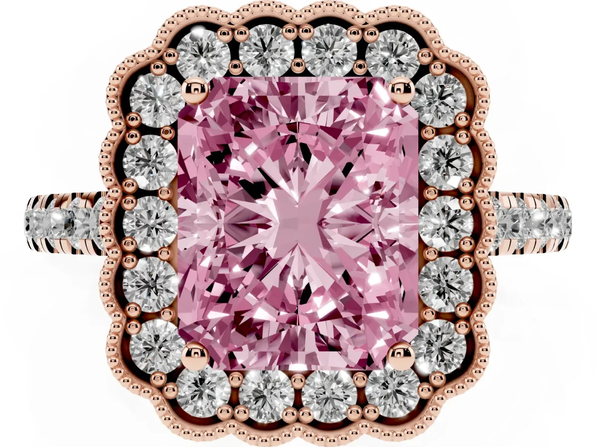 Fancy Pink Radiant Cut Cut Diamond Milgrain Floral Halo Engagement Ring with Pavé Band Rose gold