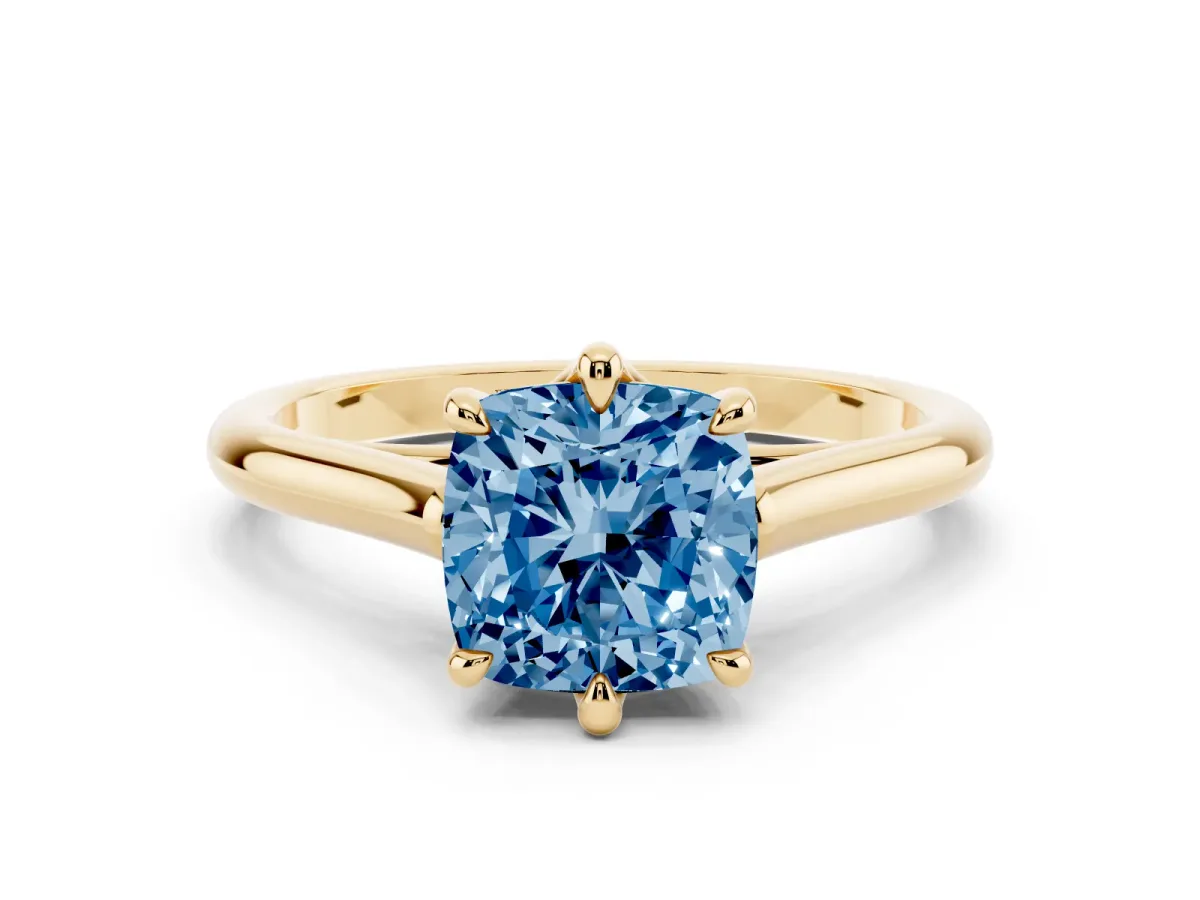 Fancy Blue Cushion Cut Solitaire Engagement Ring with Six-Prong Setting and Classic Band Yellow gold