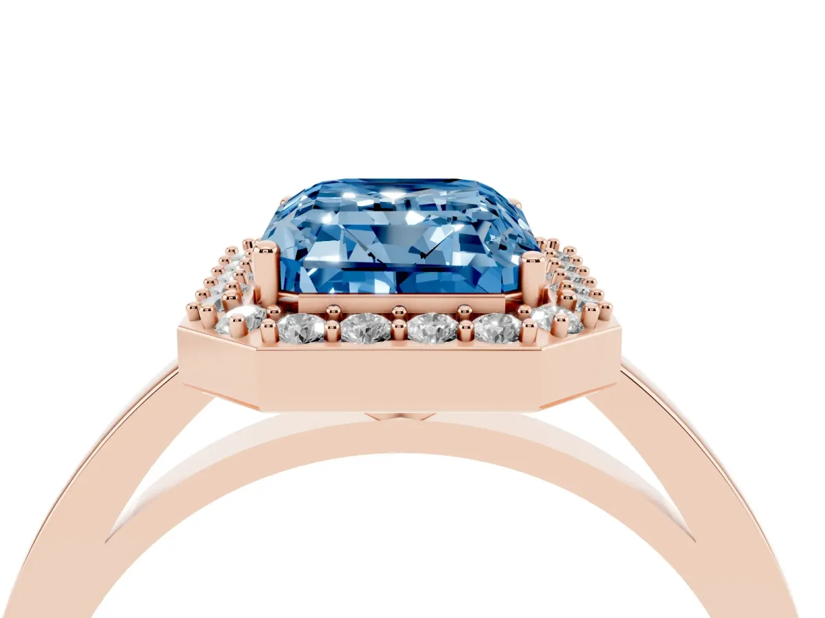 Fancy Blue Radiant Cut Halo Diamond Ring with Solitaire Band and Prong Setting Rose gold