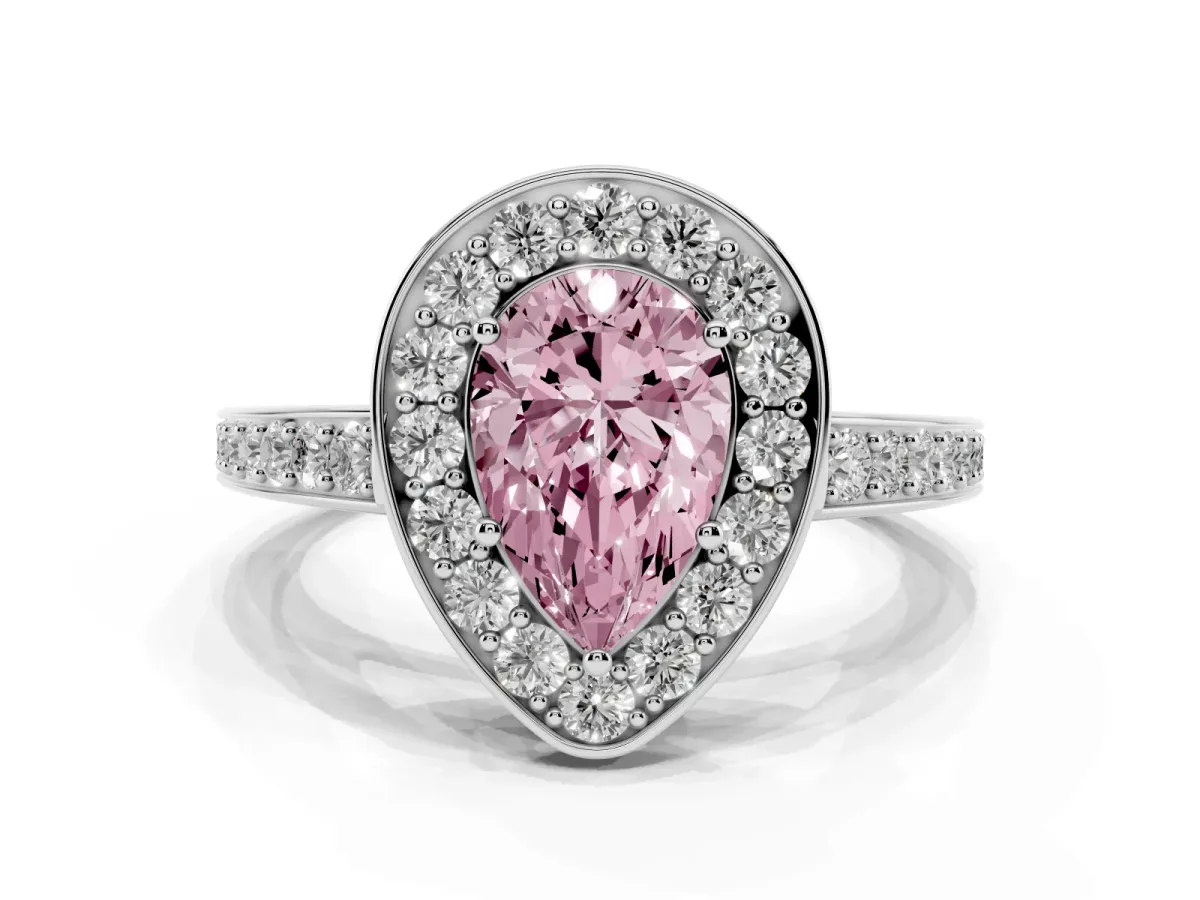 Fancy Pink Pear Cut Halo Pavé Diamond Engagement Ring with Bezel Setting Platinum