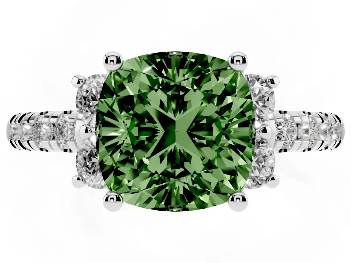 Fancy Green Cushion Cut Diamond Three-Stone Pave Band with Four-Prong Setting Silver