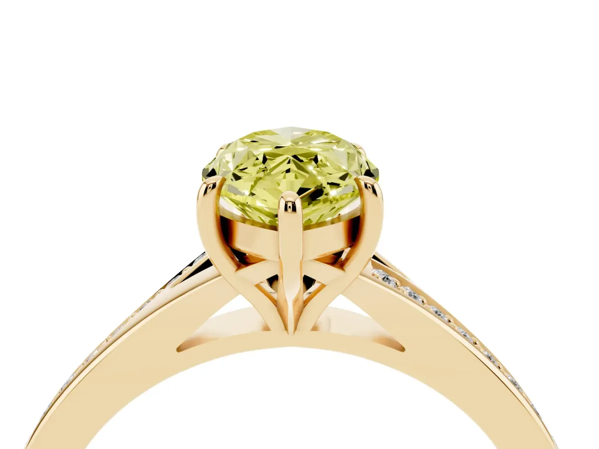 Fancy Yellow Marquise Cut Diamond Solitaire Ring with Pavé Band and Prong Setting Yellow gold