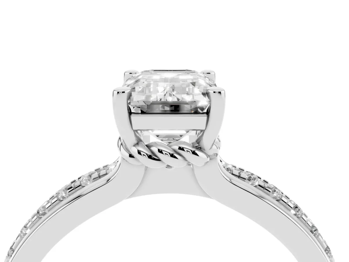 Emerald Cut Solitaire Diamond Ring with Channel Set Band and Six-Prong Setting Silver