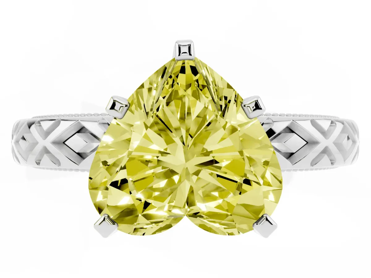 Fancy Yellow Heart Cut Solitaire Diamond Ring with Milgrain and Black Enamel X Pattern Band Silver