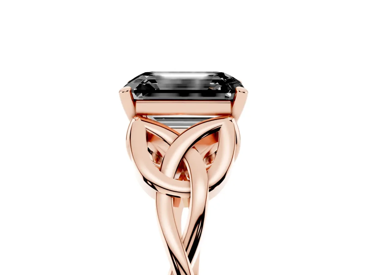 Fancy Black Emerald Cut Diamond Solitaire Engagement Ring with Celtic Knot Band and Four-Prong Setting Rose gold