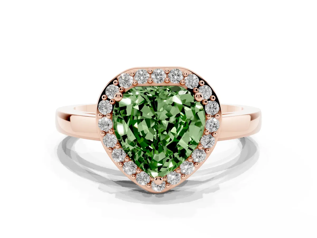 Fancy Green Heart Cut Halo Diamond Ring with Solitaire Band and Prong Setting Rose gold