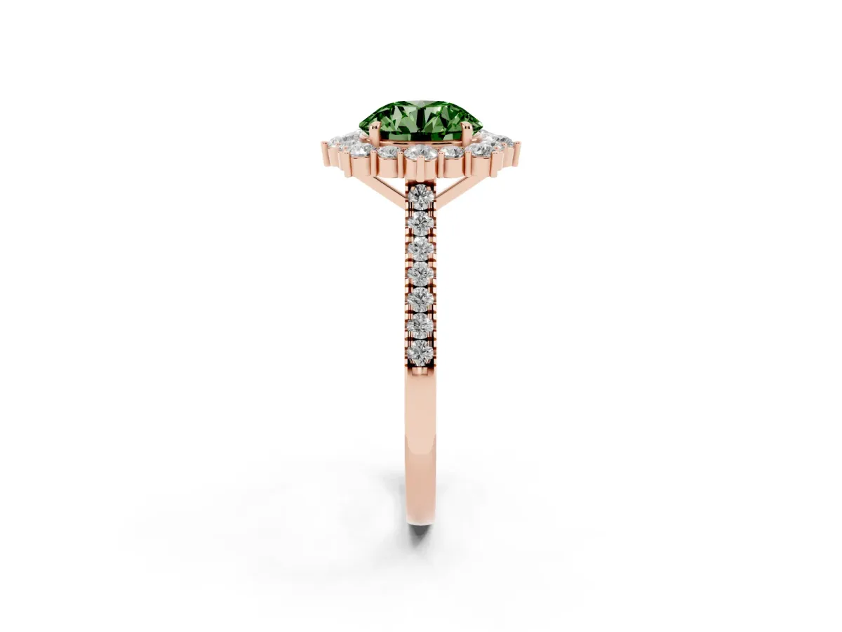 Fancy Green Round Cut Halo Diamond Ring with Pavé Band and Prong Setting Rose gold