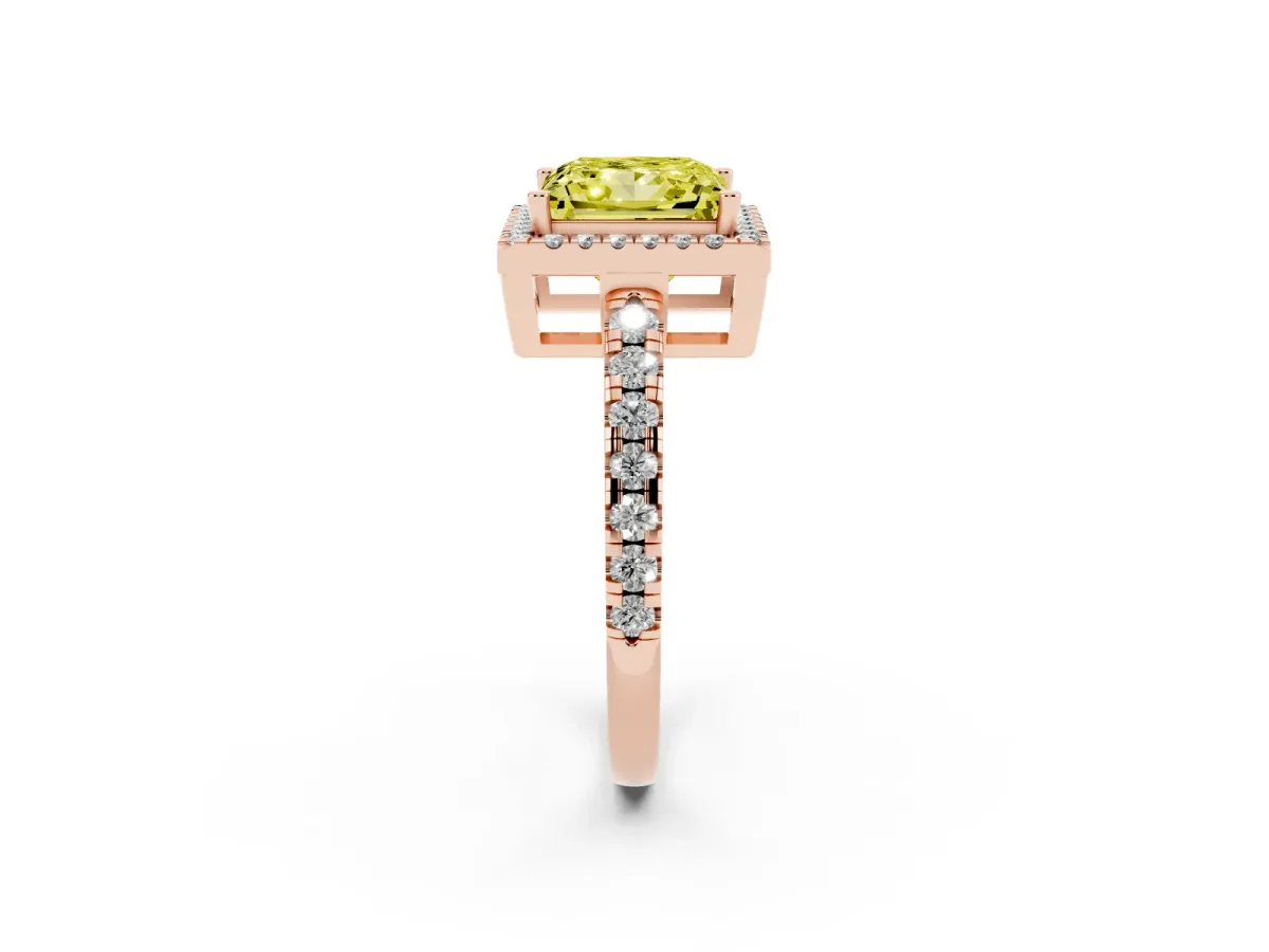 Fancy Yellow Princess Cut Diamond Halo Ring with Pavé Band and Four-Prong Setting Rose gold