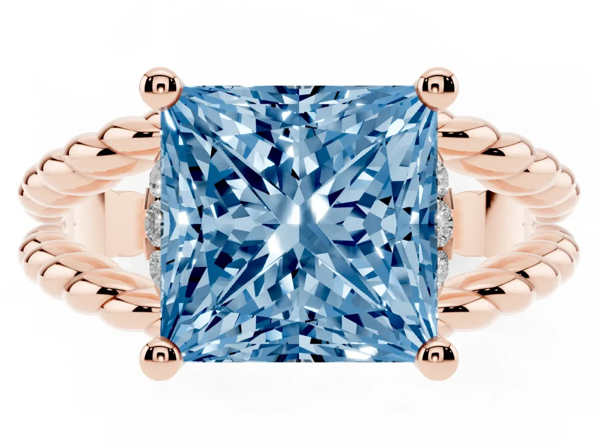 Fancy Blue Princess Cut Halo Twisted Band Four-Prong Ring Rose gold