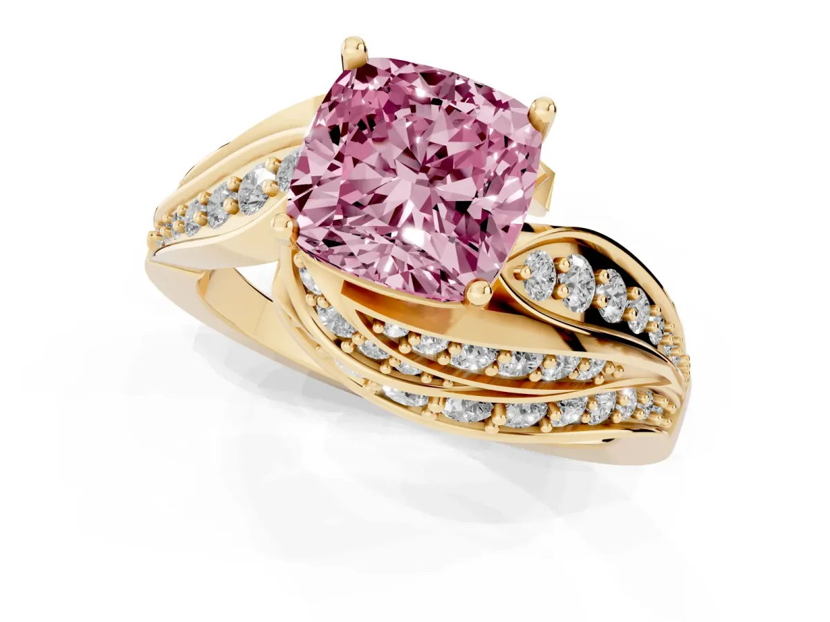 Fancy Pink Cushion Cut Diamond Solitaire Ring with Prong Setting and Twisted Pavé Band Yellow gold