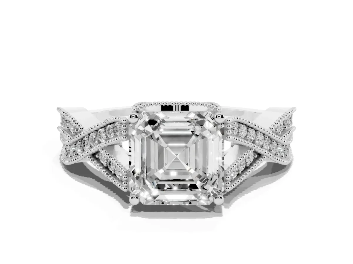 Asscher Cut Cut Diamond Twisted Band with Milgrain Pave Setting and Four-Prong Setting Silver