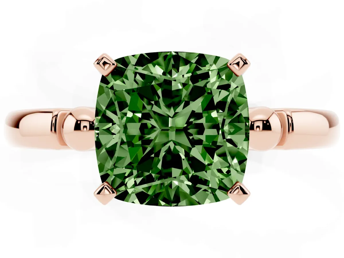 Fancy Green Cushion Cut Solitaire Beaded Band with Four-Prong Setting Rose gold