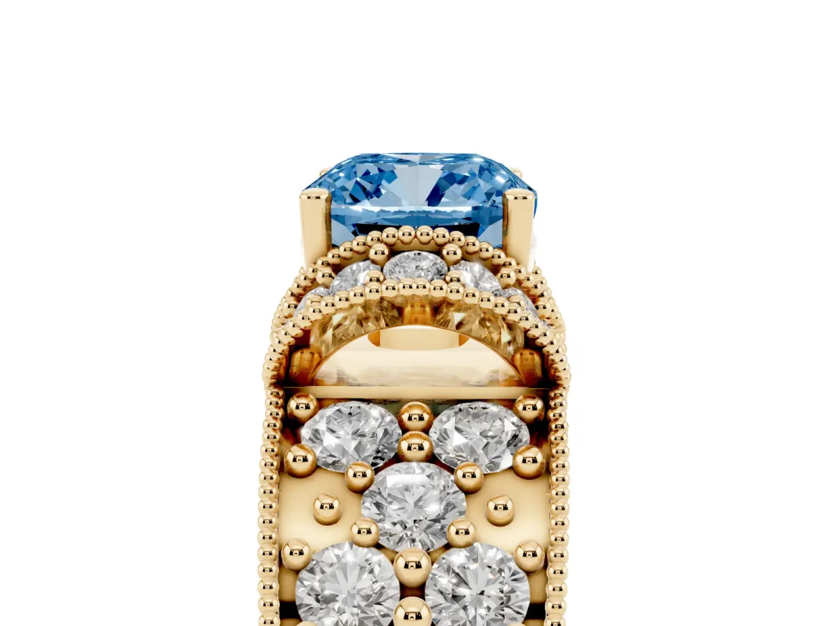 Fancy Blue Cushion Cut Halo Pave Diamond Engagement Ring with Milgrain Detailing Yellow gold