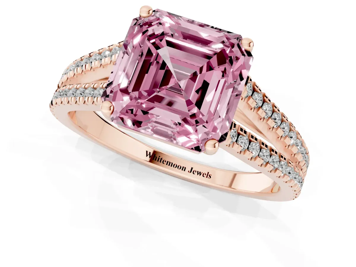 Fancy Pink Asscher Cut Diamond Solitaire Engagement Ring with Split Shank Pavé Band Rose gold