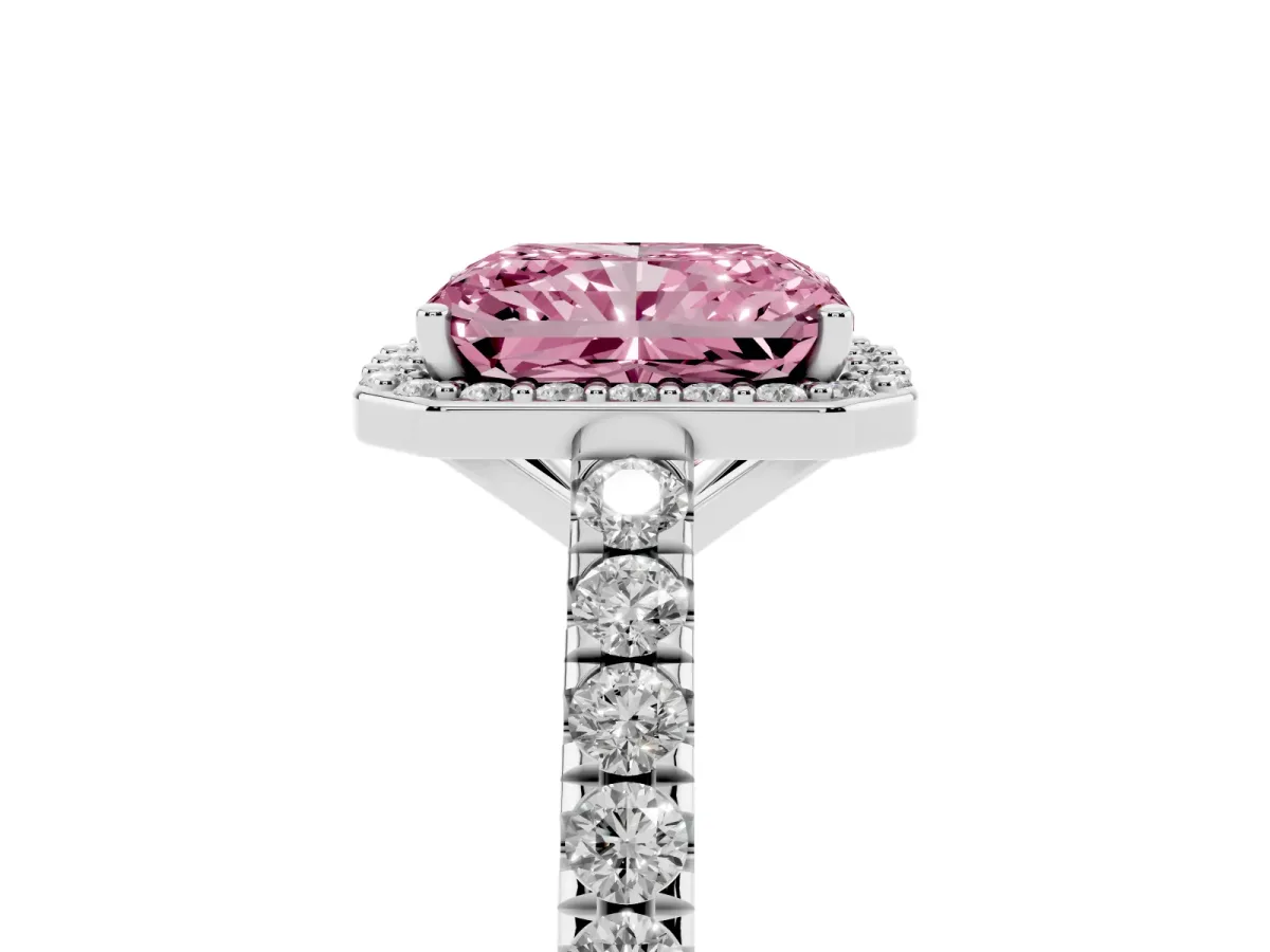 Fancy Pink Radiant Cut Cut Halo Diamond Engagement Ring with Pave Band and Four-Prong Setting Platinum