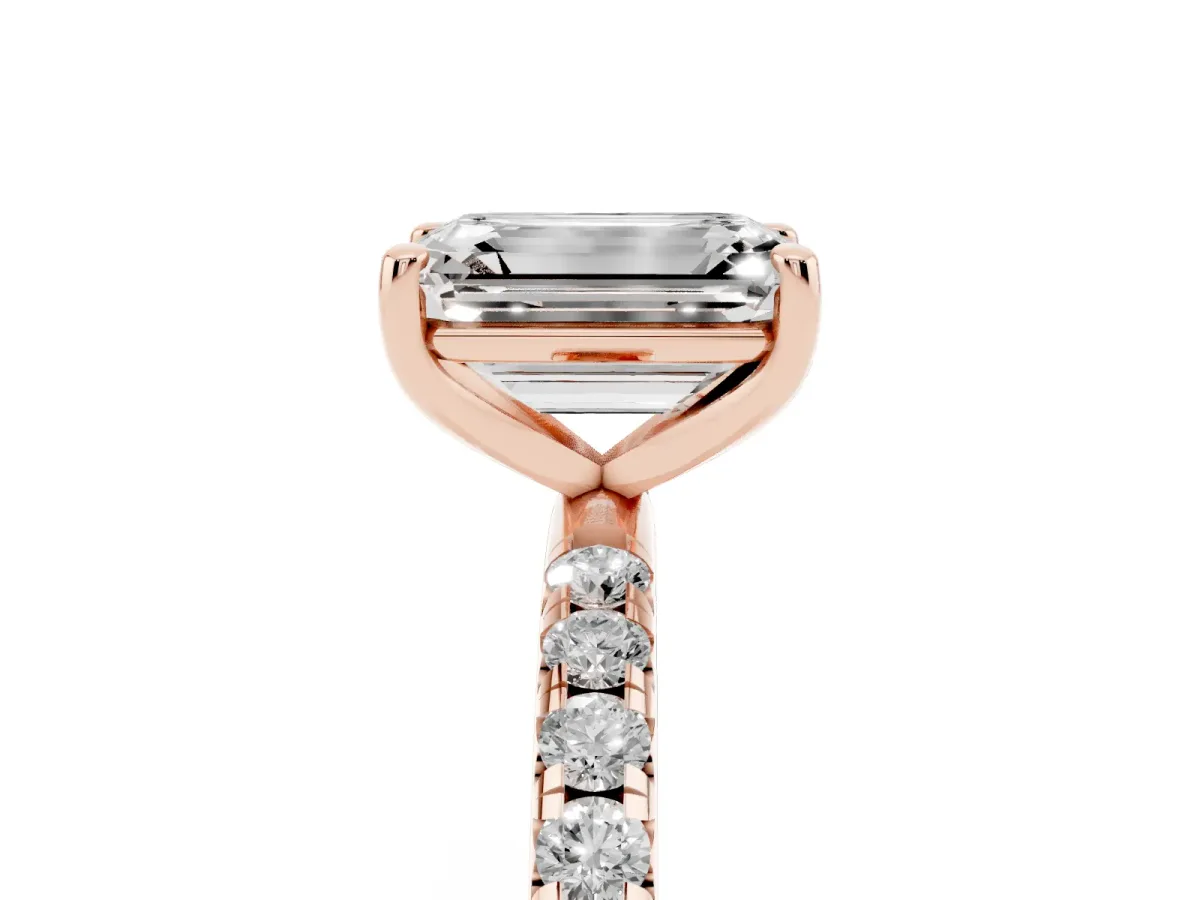 Emerald Cut Cut Diamond Solitaire Ring with Micro Pave Band and Four Prong Setting Rose gold