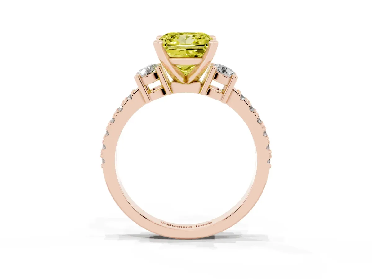 Fancy Yellow Princess Cut Three-Stone Diamond Pavé Band with Prong Setting Rose gold