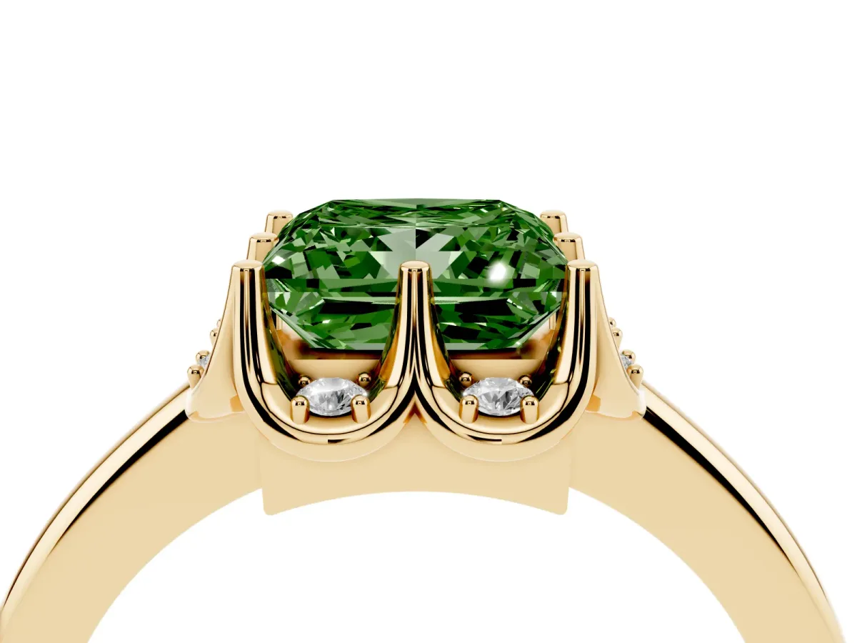 Fancy Green Princess Cut Halo Diamond Ring with Round Cluster Setting, Solitaire Band, and Four-Prong Setting Yellow gold