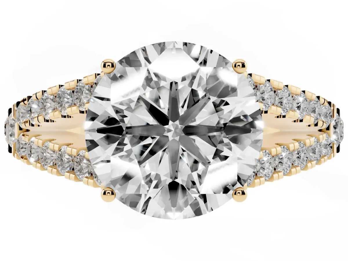Round Cut Diamond Split Shank Engagement Ring with Round Pavé and Prong Setting Yellow gold