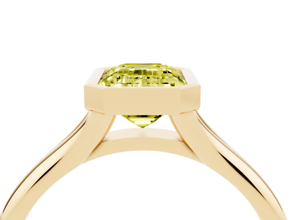 Fancy Yellow Bezel Set Emerald Cut Solitaire Diamond Ring with Smooth Band Yellow gold