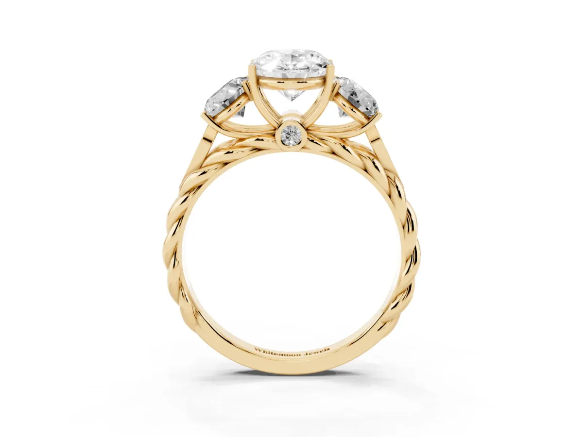 Three-Stone Oval Cut Diamond Braided Band Ring with Four-Prong Setting Yellow gold