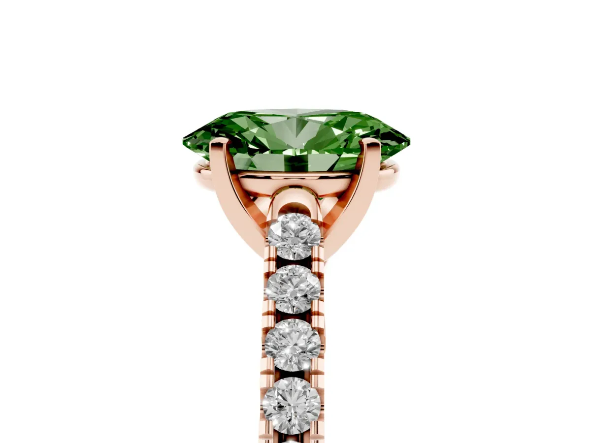 Fancy Green Oval Cut Diamond Pavé Band Solitaire Ring with Prong Setting Rose gold
