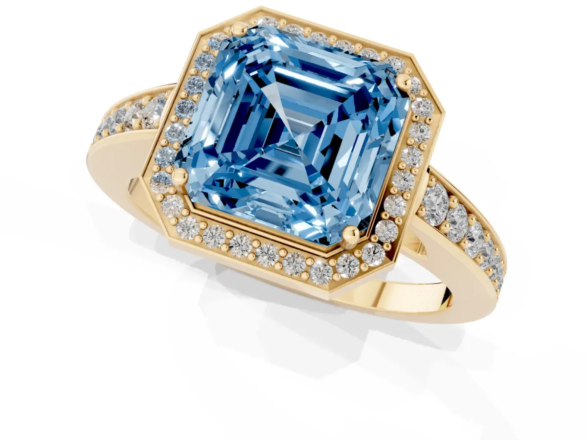 Fancy Blue Asscher Cut Halo Pavé Diamond Engagement Ring with Bezel Setting Yellow gold
