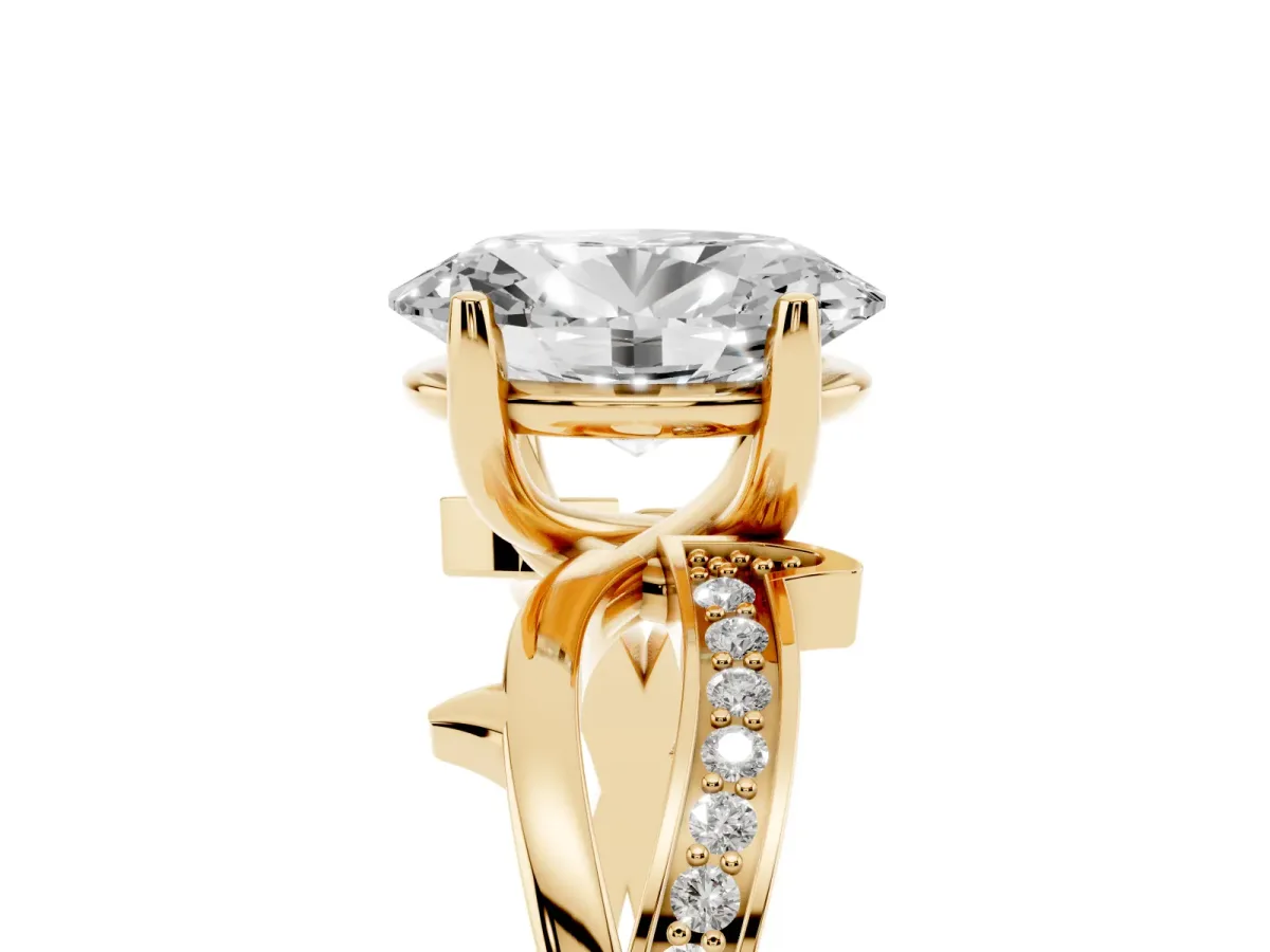 Oval Cut Solitaire Twist Band with Pavé Accents and Four-Prong Setting Yellow gold